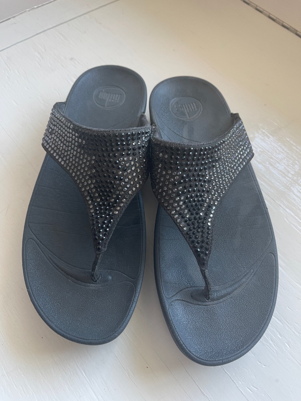 Black Sparkle Rhinestone Embellished Wedge Thong Sandals - FitFlop Women’s 9